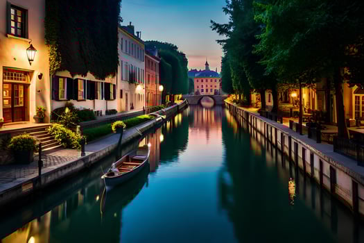a canal in the middle of a city at night. AI-Generated photo