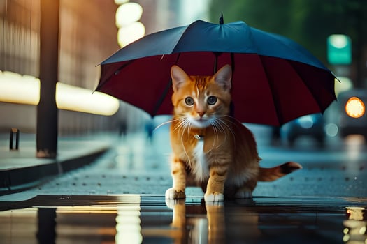 an orange cat is standing under an umbrella. AI-Generated photo