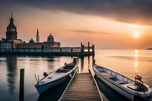 boats docked at the pier in front of a church. AI-Generated photo