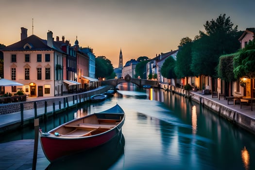 a boat is docked in a canal at sunset. AI-Generated photo