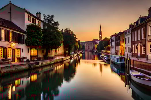 the sun is setting over a canal in a city. AI-Generated photo