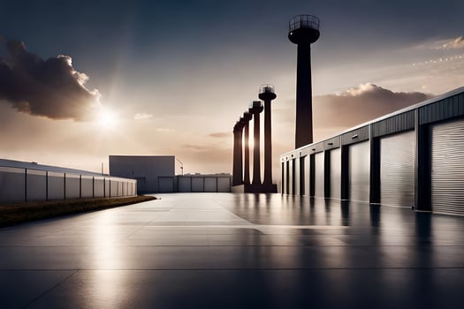 a large warehouse with a large building in the background. AI-Generated photo
