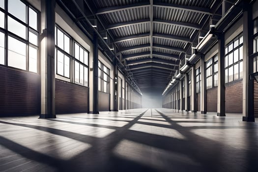 an empty warehouse with sunlight shining through the windows. AI-Generated photo