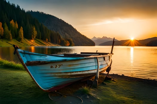 a boat sits on the shore of a lake at sunset. AI-Generated photo