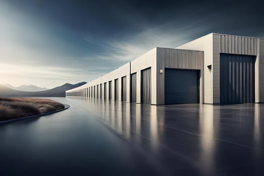 a large warehouse with two doors and a large parking lot. AI-Generated photo