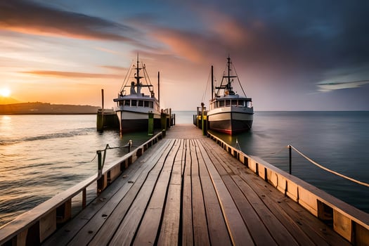 two boats docked at the end of a pier. AI-Generated photo