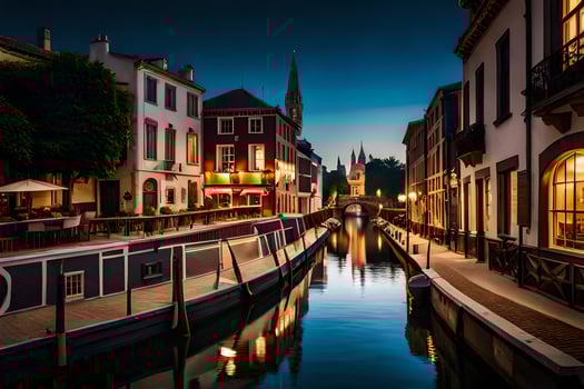 a canal in the middle of a city at night. AI-Generated photo