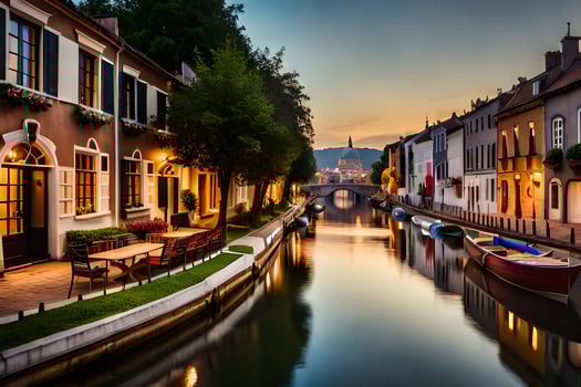 a canal in a city at sunset with boats on it. AI-Generated photo