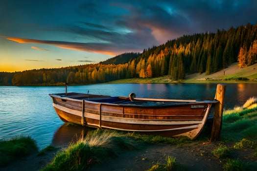 a boat sits on the shore of a lake at sunset. AI-Generated photo