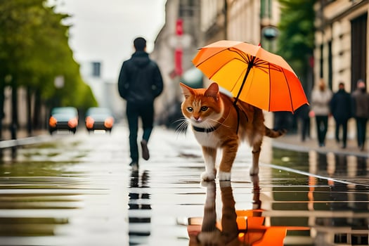 a cat walking on a wet street with an umbrella. AI-Generated photo