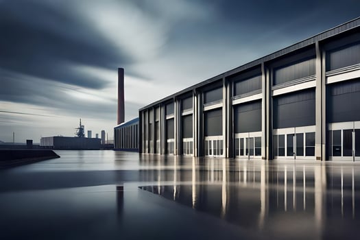 a large industrial building with a dark sky. AI-Generated photo