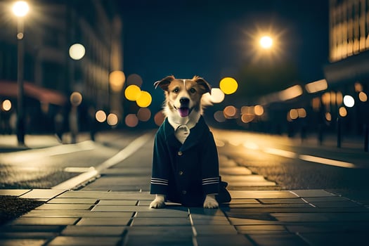 a dog in a suit sitting on the street at night. AI-Generated photo