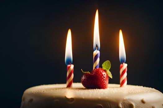 a strawberry and three candles are lit on a birthday cake. AI-Generated photo