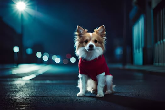 a dog wearing a red sweater on the street at night. AI-Generated photo
