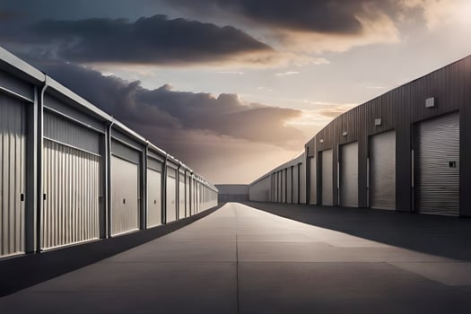 a long row of storage units with a sky background. AI-Generated photo