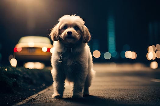 a dog standing on the street at night. AI-Generated photo