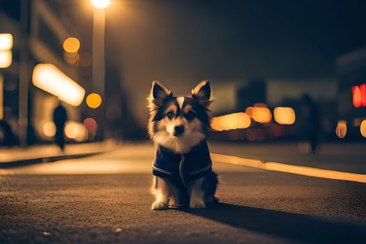 a dog in a blue jacket standing on the street at night. AI-Generated photo