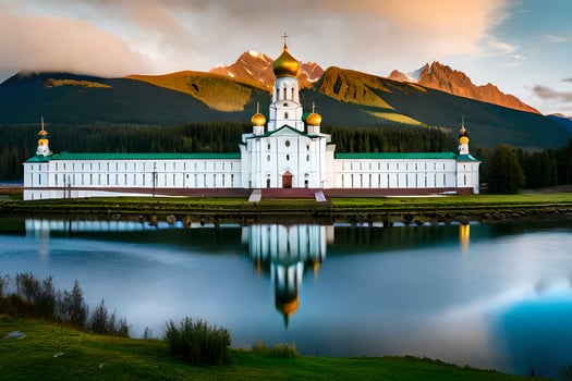 the white church in the mountains with a lake and mountains in the background. AI-Generated photo