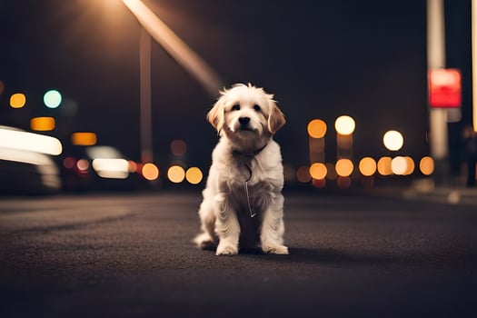 a dog sitting on the street at night. AI-Generated photo