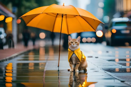 a cat in a raincoat with an umbrella. AI-Generated photo