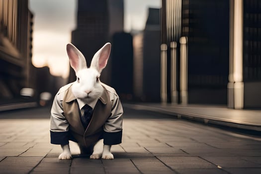 a rabbit wearing a suit and tie on the street. AI-Generated photo