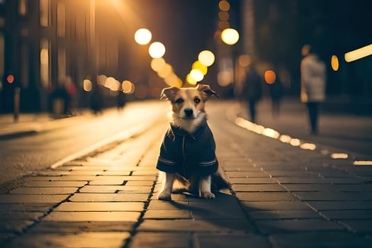 a dog in a jacket sitting on the street at night. AI-Generated photo