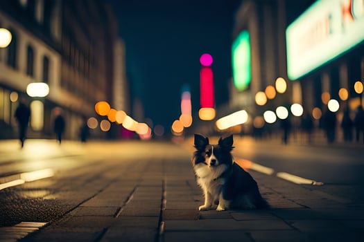 a dog sitting on the street at night. AI-Generated photo