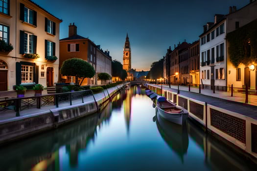 a canal in the middle of a city at night. AI-Generated photo