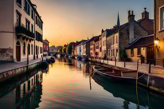 a canal in the middle of a city at sunset. AI-Generated photo