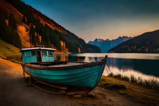 a boat sits on the shore of a lake at sunset. AI-Generated photo