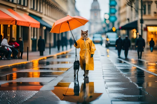 a dog in a raincoat walking on a wet street. AI-Generated photo