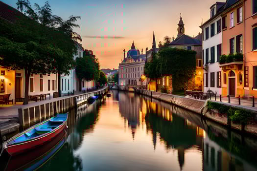 a canal in a city at sunset with boats. AI-Generated photo