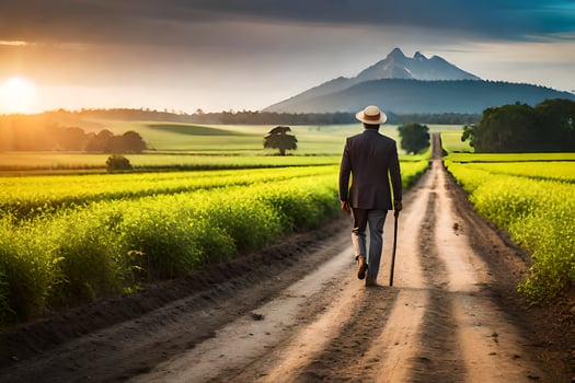 a man in a hat walks down a dirt road in front of a field. AI-Generated photo