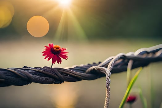 a red flower sits on a wire fence. AI-Generated photo