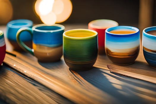 colorful cups on a wooden table. AI-Generated photo