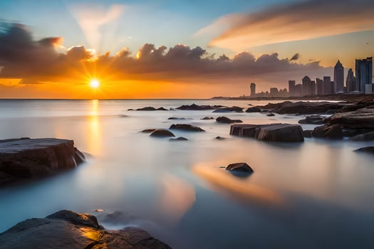the sun sets over the city skyline. AI-Generated photo