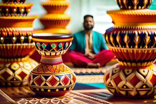 a man sitting in front of colorful vases. AI-Generated photo