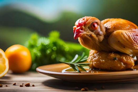 a chicken is sitting on top of a plate with lemon slices. AI-Generated photo