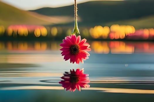 a pink flower hanging from a rope in the water. AI-Generated photo