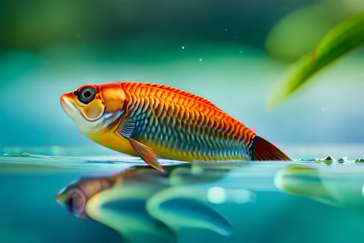 a fish swimming in the water with leaves. AI-Generated photo