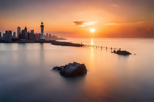 the sun sets over the ocean and a lighthouse. AI-Generated photo