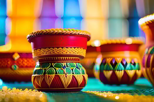 colorful pottery on a table with colorful lights. AI-Generated photo
