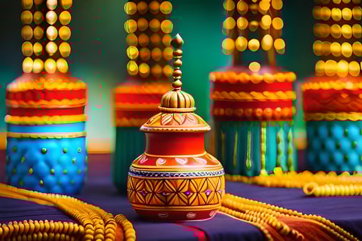 colorful vases with beads and gold chains. AI-Generated photo