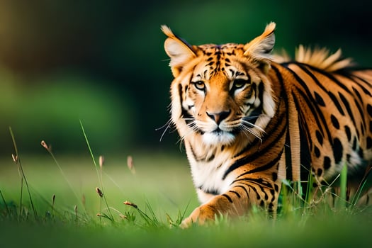 a tiger walking through the grass. AI-Generated photo