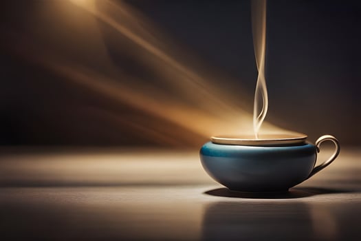 a cup of coffee on a table with smoke coming out of it. AI-Generated photo