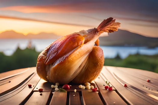 a chicken on a wooden table with a sunset in the background. AI-Generated photo