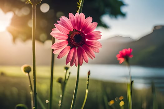 pink flowers in front of a lake at sunset. AI-Generated photo