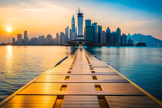 a wooden pier leads to the city skyline at sunset. AI-Generated photo