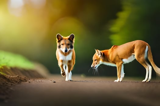 two dogs walking on a road in the woods. AI-Generated photo