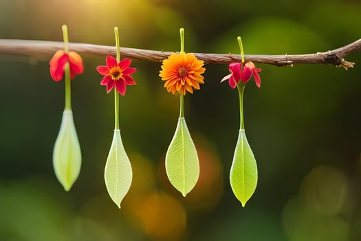 four leaves hanging from a branch with flowers. AI-Generated photo